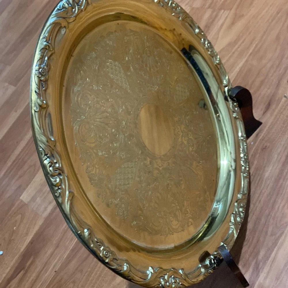 Vintage Floral Etched Brass Tray | Gold Tone Floral Tray | Etched Brass Tray